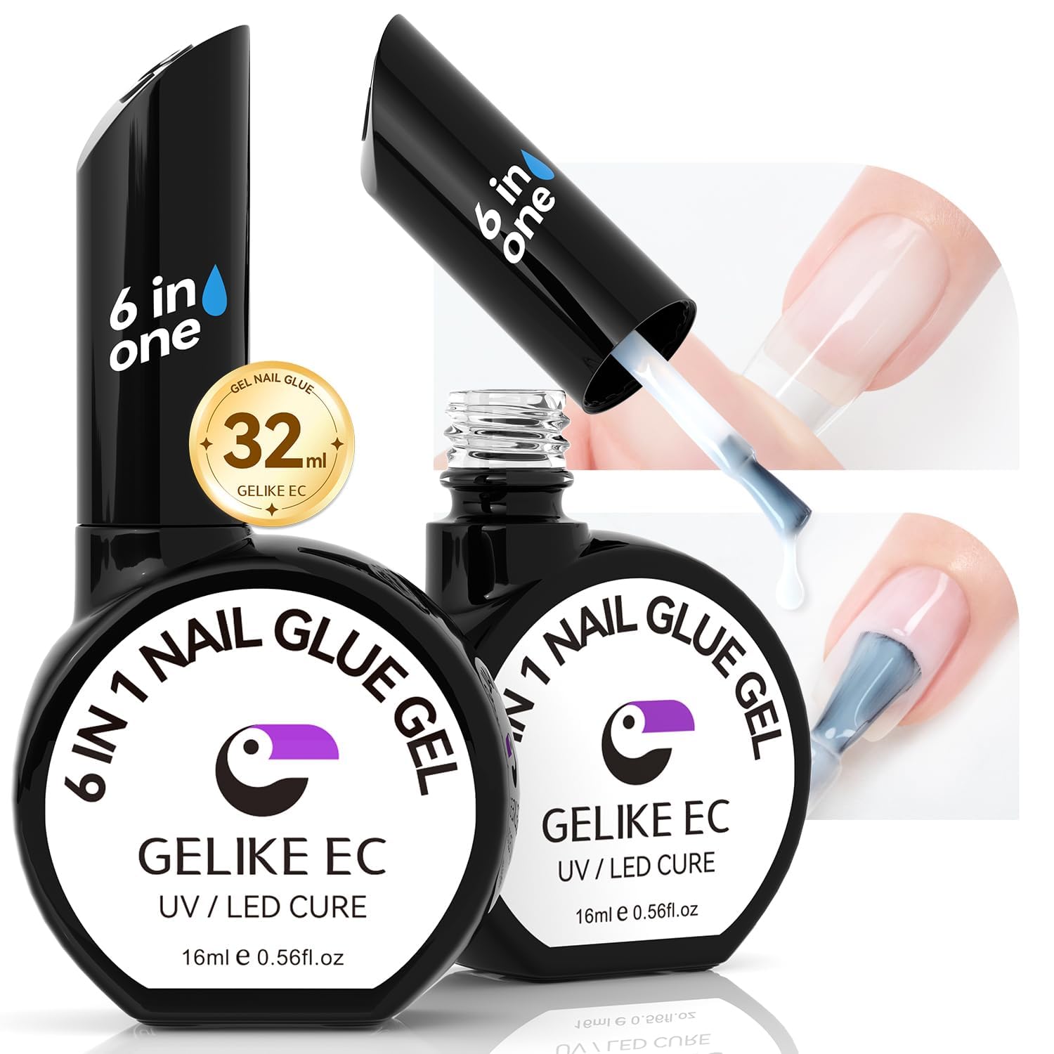 Gelike EC 32ml Nail Glue Gel 6 in 1 for Press-On Nails and Nail Tips Long Lasting Extension Strong Hold Brush-On UV Adhesive for Acrylic Tips Quick Dry Low-Odor No Pop-Off DIY at Home & Salon Art Use