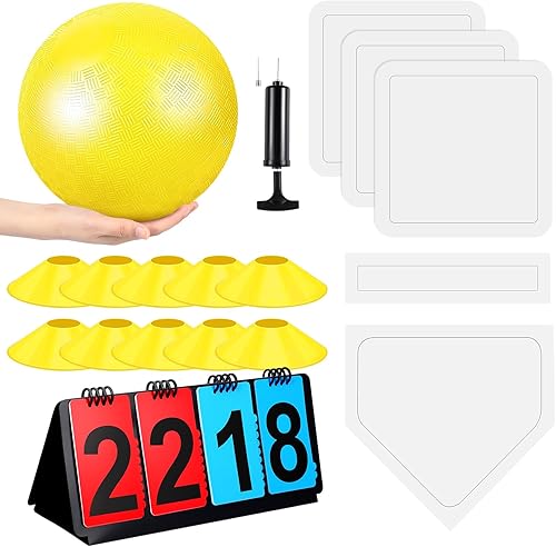 Miniatura 1 de Jenaai Juego de 18 piezas de kickball deportivo que incluye bola de parque infantil de 10 pulgadas, 5 bases de goma para lanzar, bomba de bola,