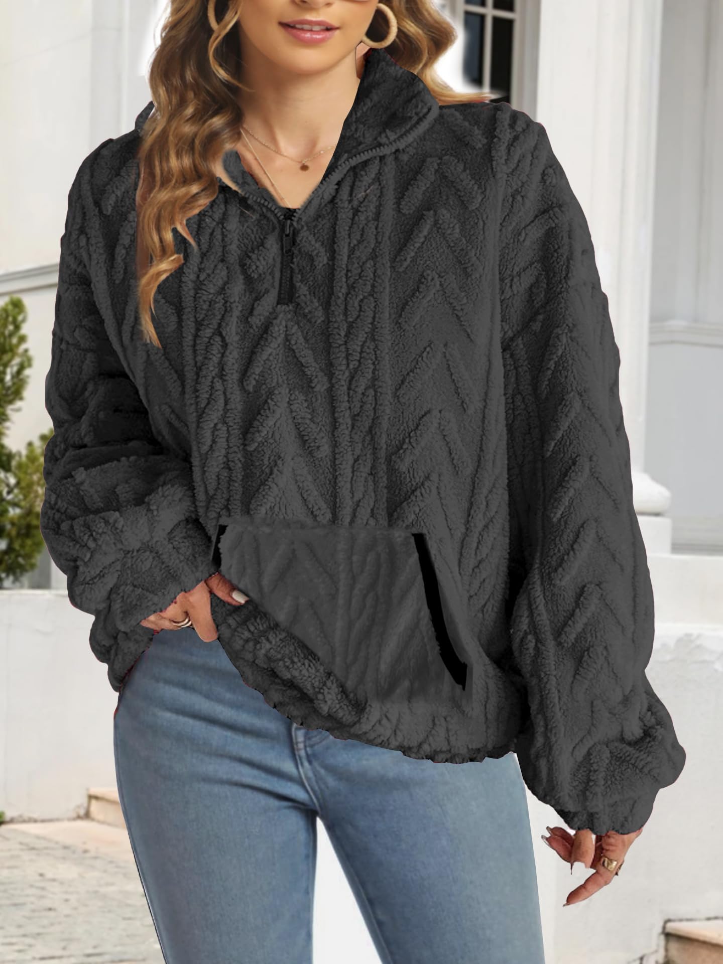 Sweter damski, jesienny polar, oversize, bluza casualowa, ciepła kurtka polarowa, na zimę, miękka koszulka z długim rękawem z kieszeniami