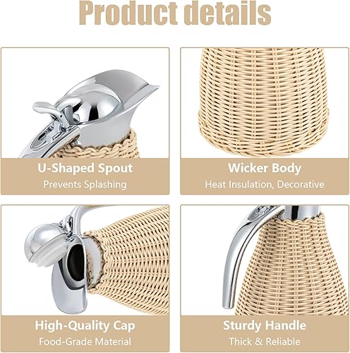 Miniatura 5 de Jarra térmica de café de acero inoxidable, 50 onzas1.5 L de ratán tejido, jarra de café aislada de doble pared al vacío, retención de calor frío de