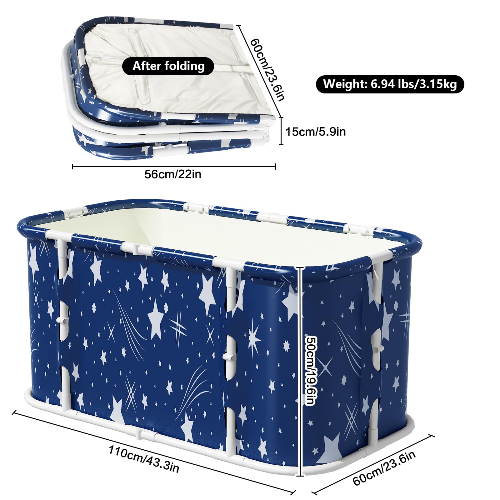 Vasca da bagno pieghevole portatile, vasca per ammollo per doccia calda e bagno di ghiaccio, vasca da bagno sauna indipendente per adulti, 110L x 60L x 52A cm, blu scuro