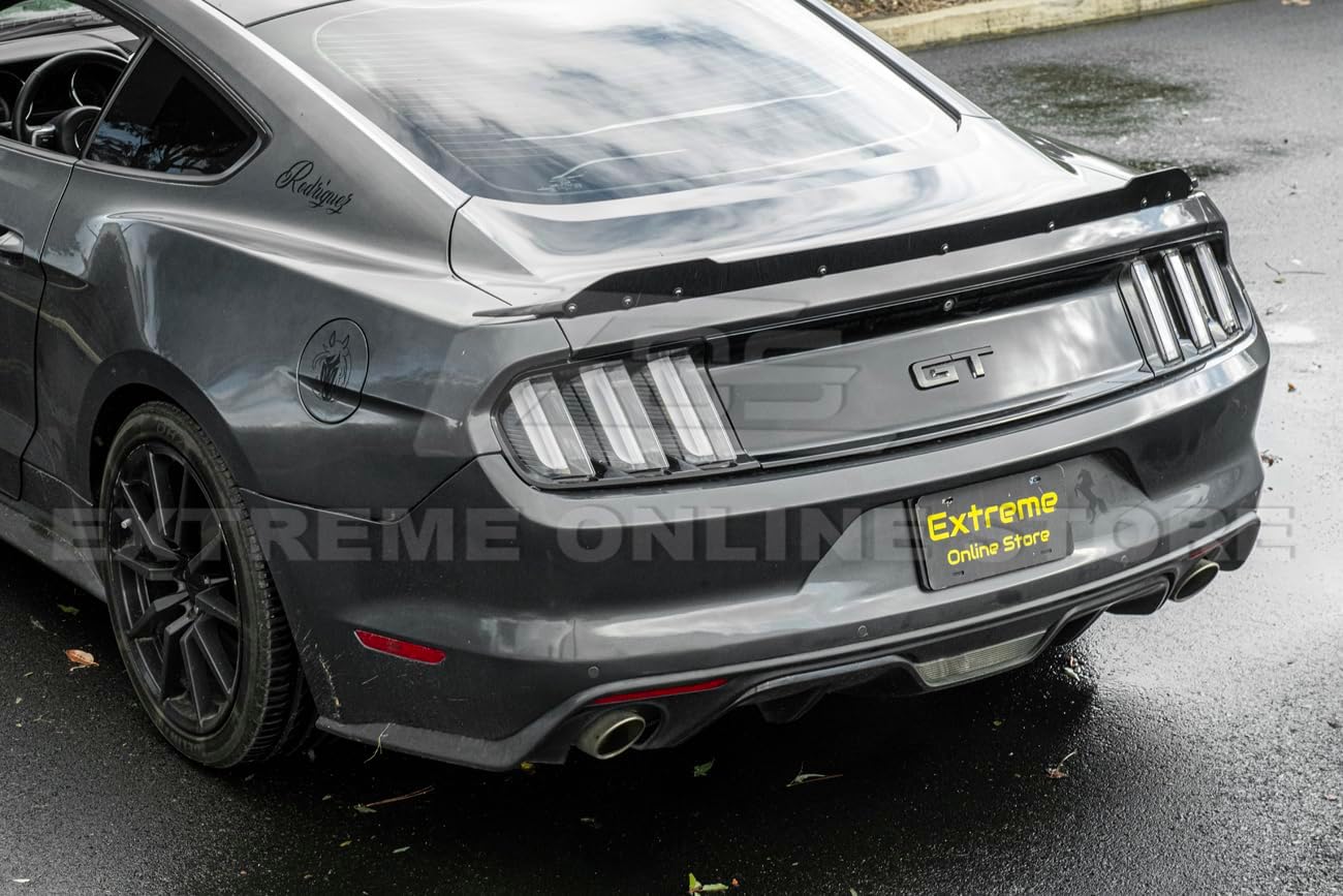 Replacement for 2015-2023 Ford Mustang Models with GT Factory Style Rear Spoiler | Performance Track Style Acrylic Plastic - Smoke Tinted Rear Trunk Lid Wickerbill Extension Gurney Flap Wing Spoiler