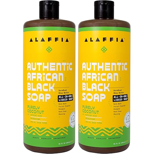 Alaffia Authentic African Black Soap, Purely Coconut 2-Pack – All-In-One Liquid Soap, Body & Face Wash, Shampoo, Shaving, 32 Oz Ea