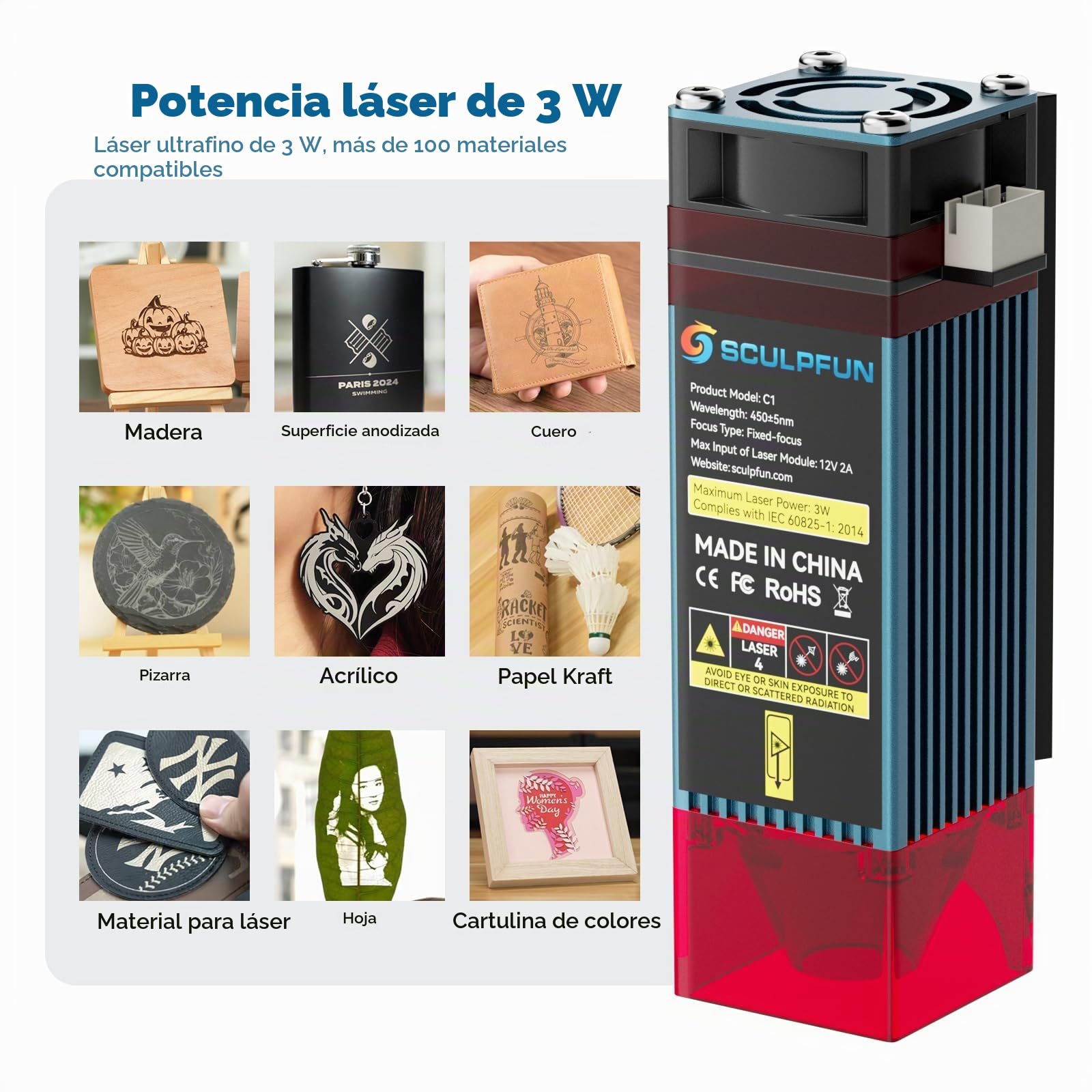 SCULPFUN C1 Mini grabadora láser, máquina de grabado láser portátil de 3 W con punto ultrafino 0,04 mm, sin necesidad de instalación, para principiantes, dispositivo de grabado laser para madera metal
