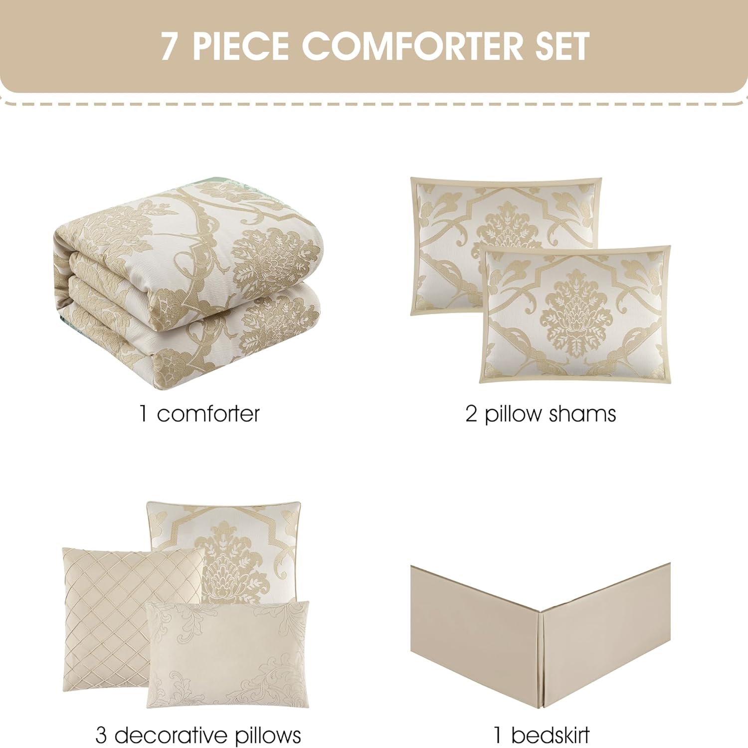 Grand Avenue Gold Floral Comforter Set, 7 Piece Queen Size, Jacquard with Matching Solid Microfiber Piece Work, All Season Bedding Sets, Matching Bedskirt, Pillow Shams, Home Décor