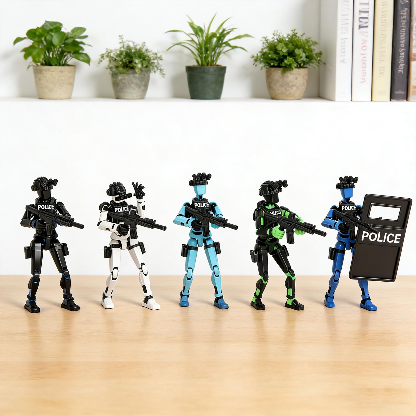 Juego de 5 figuras de acción de 13 escudos de policía impresos en 3D, T13 Titanes T13, 13 figuras de acción de robot móvil que luchan contra T13 con armas, kit completo de construcción coleccionable
