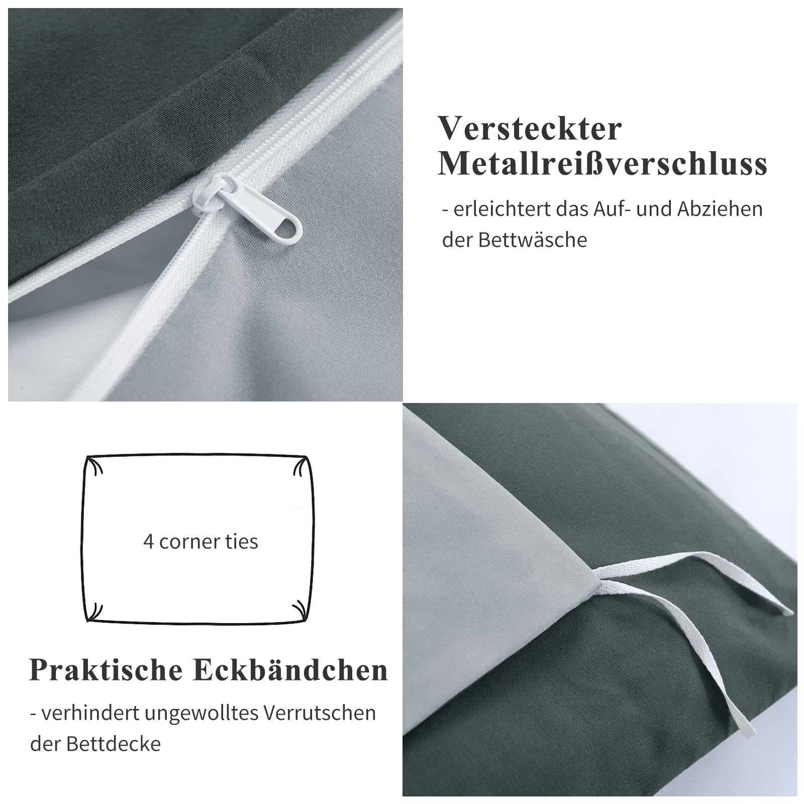 Aisbo Bettwäsche 135x200 4teilig Anthrazit Grau - Bettwäsche Sets 2 Bettbezüge 135x200 cm + 2 Kissenbezüge 80x80 cm, ÖKO-TEX Wendebettwäsche Weich Mikrofaser mit Reißverschluss