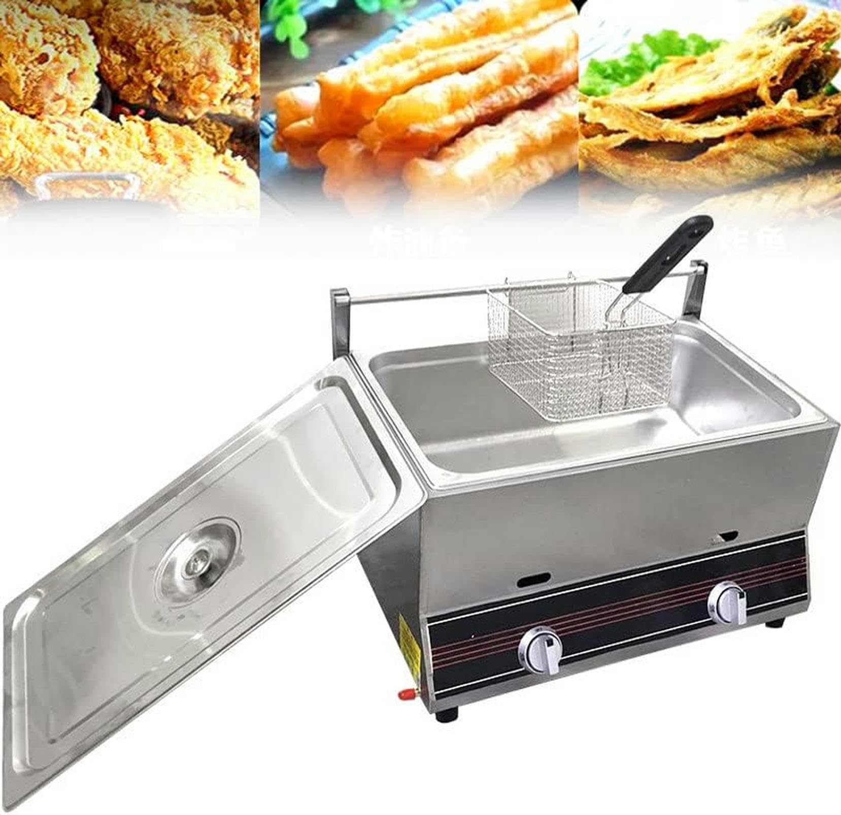 Freidora de Gas de encimera Comercial, Cesta de Aceite extraíble de freidora de Acero Inoxidable, para restaurantes de Comida rápida, Bares~/