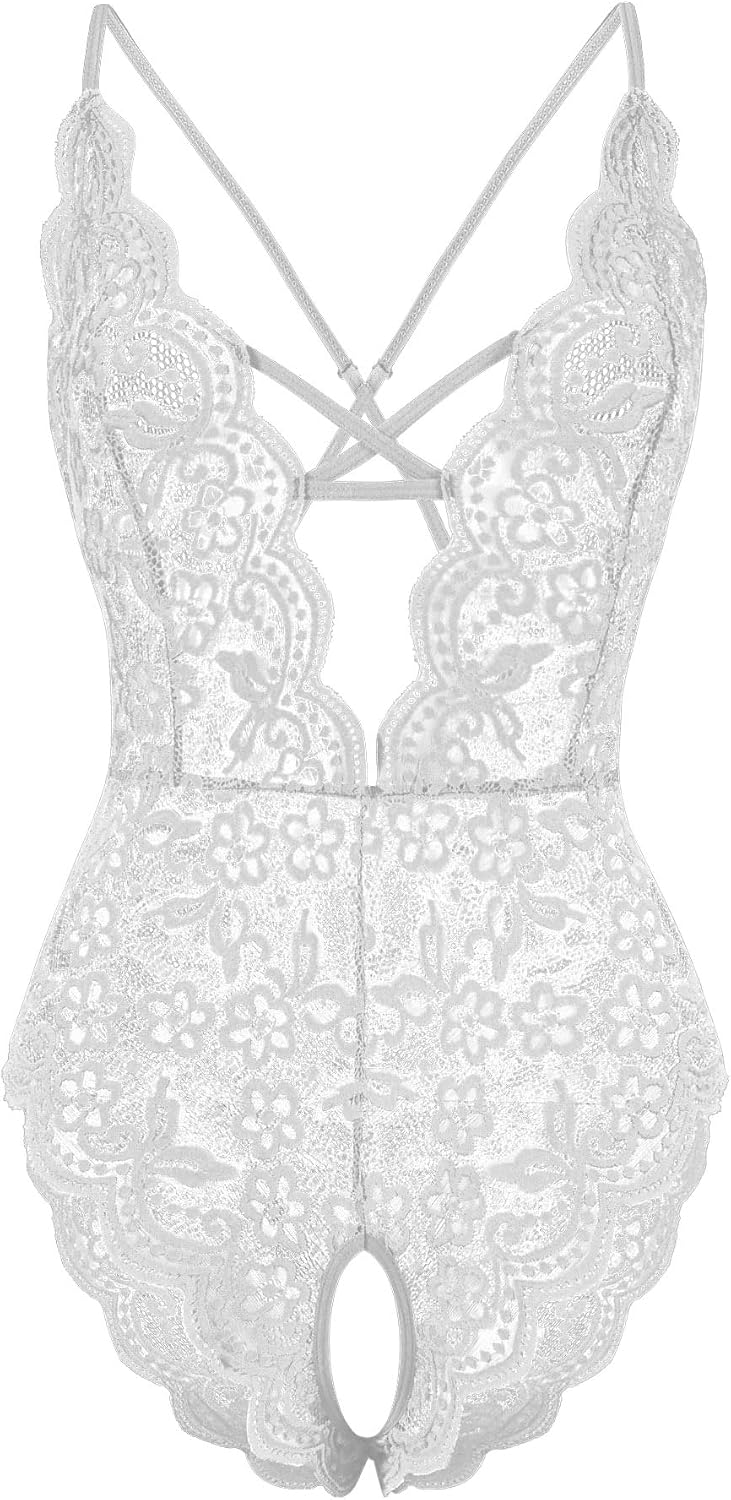 Fem&Fata Women's One Piece Lingerie Sexy Lace Teddy Deep V Bodysuit Underwear S-XXL