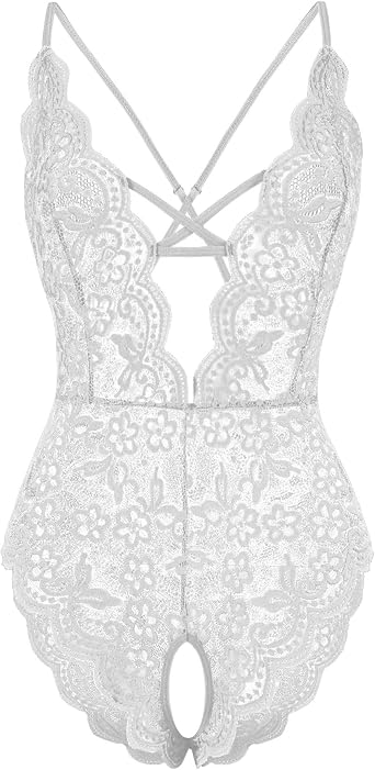 Fem&Fata Womens One Piece Lingerie Sexy Lace Teddy Deep V Bodysuit Underwear S-XXL