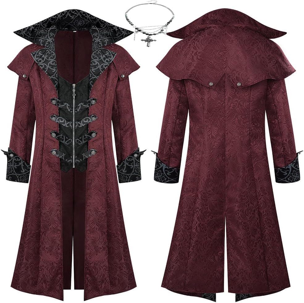 Men's Victorian Steampunk Gothic Trench Long Coat, Renaissance Medieval Vintage Tuxedo Jacket, Cosplay Costume