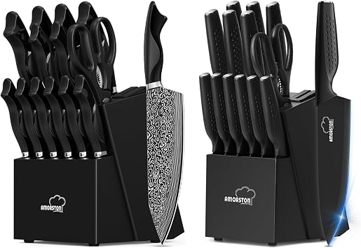 Amorston Knife Set, 15 Pieces Kitchen Knife Set with Built in Sharpener and 15 Pieces Kitchen Knife Set