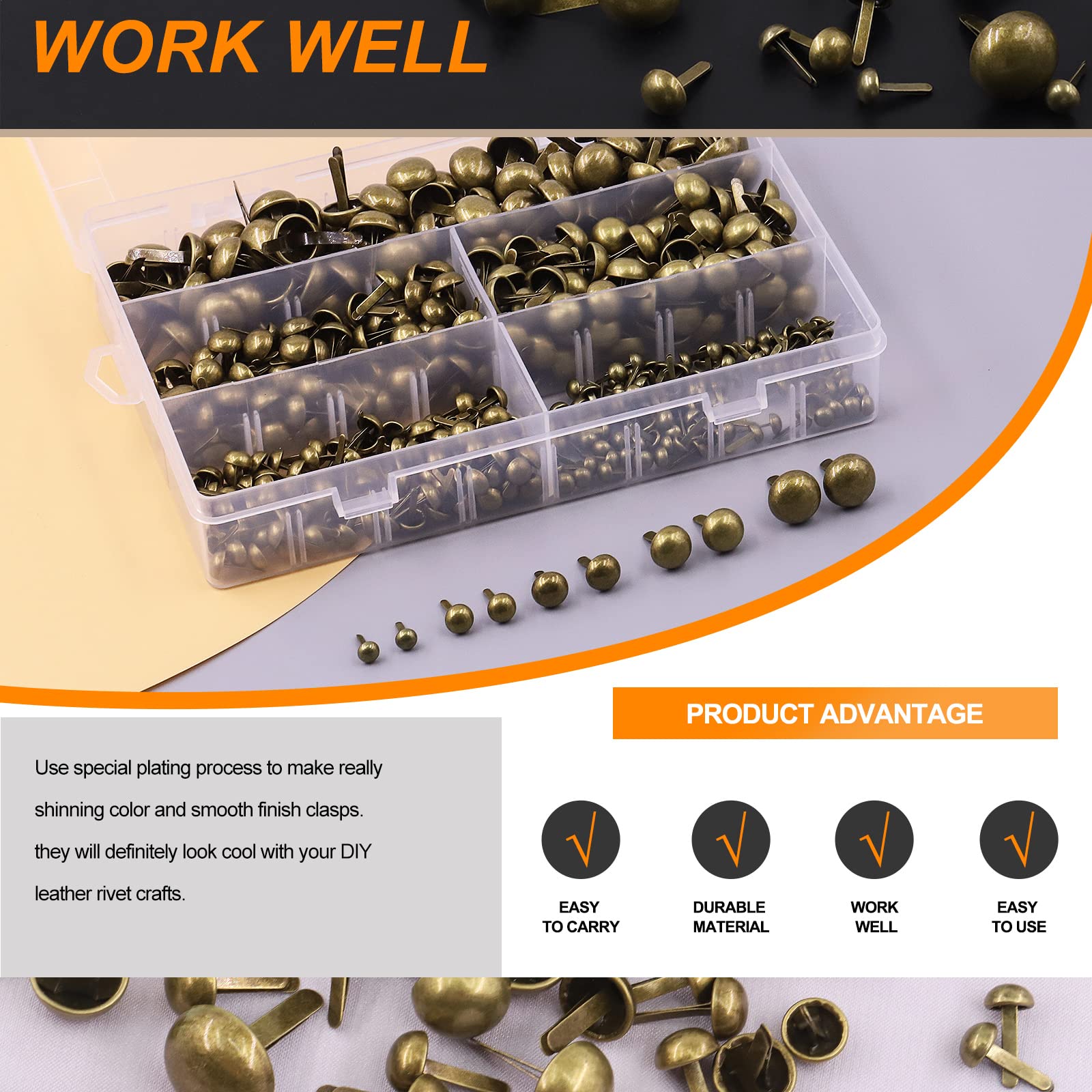 Rustark 500PCS 5 Sizes Bronze Paper Fasteners Round Brads Fasteners Assortment Kit Mushroom Head Paper Fasteners Brass Metal Brads Scrapbooking Decorative Paper Crafts School DIY Art Project Supplies - Image 4