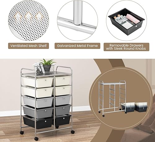 Miniatura 5 de RELAX4LIFE Carrito de almacenamiento rodante con 10 cajones, carrito de almacenamiento para manualidades con ruedas bloqueables, carrito utilitario,