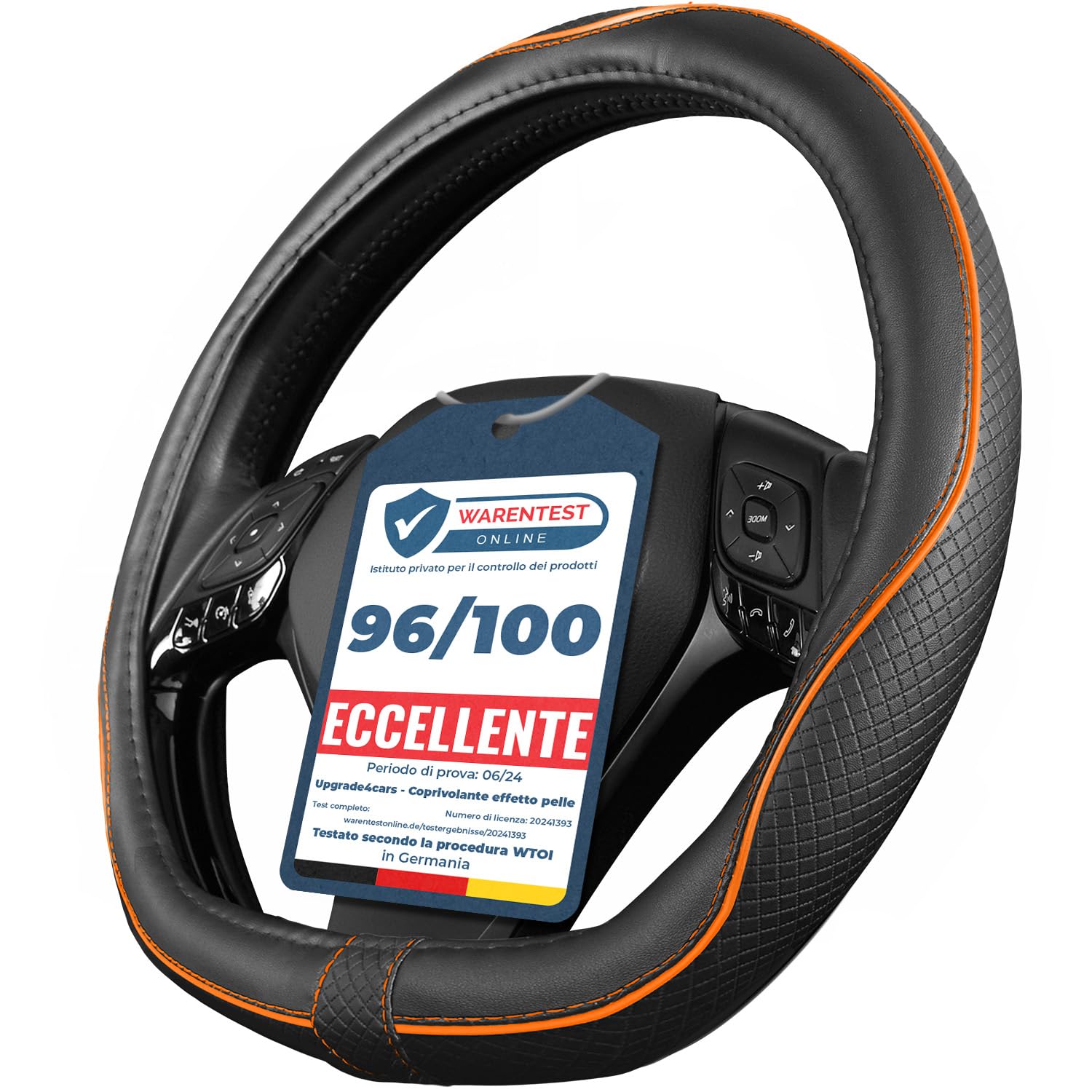 Upgrade4cars Coprivolante Auto Tipo D Nero Orange in Finta Pelle | Copertura di Volante Diametro Universale 37-38 cm | Accessori Auto Interno