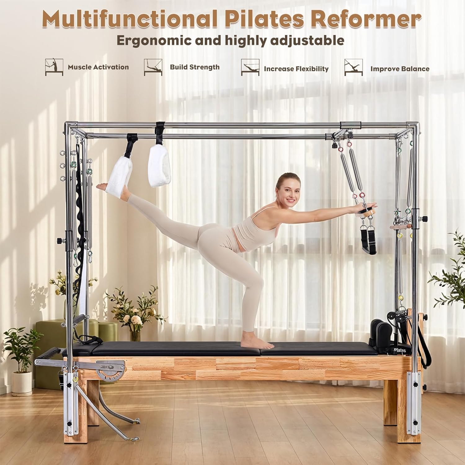 Pilates Reformer Machine, 95’’ Oak Wood Pilates Reformer, Quick-Assembly Studio-Grade Pilates Equipment with Reformer Heights, Reformer Accessories for Gym