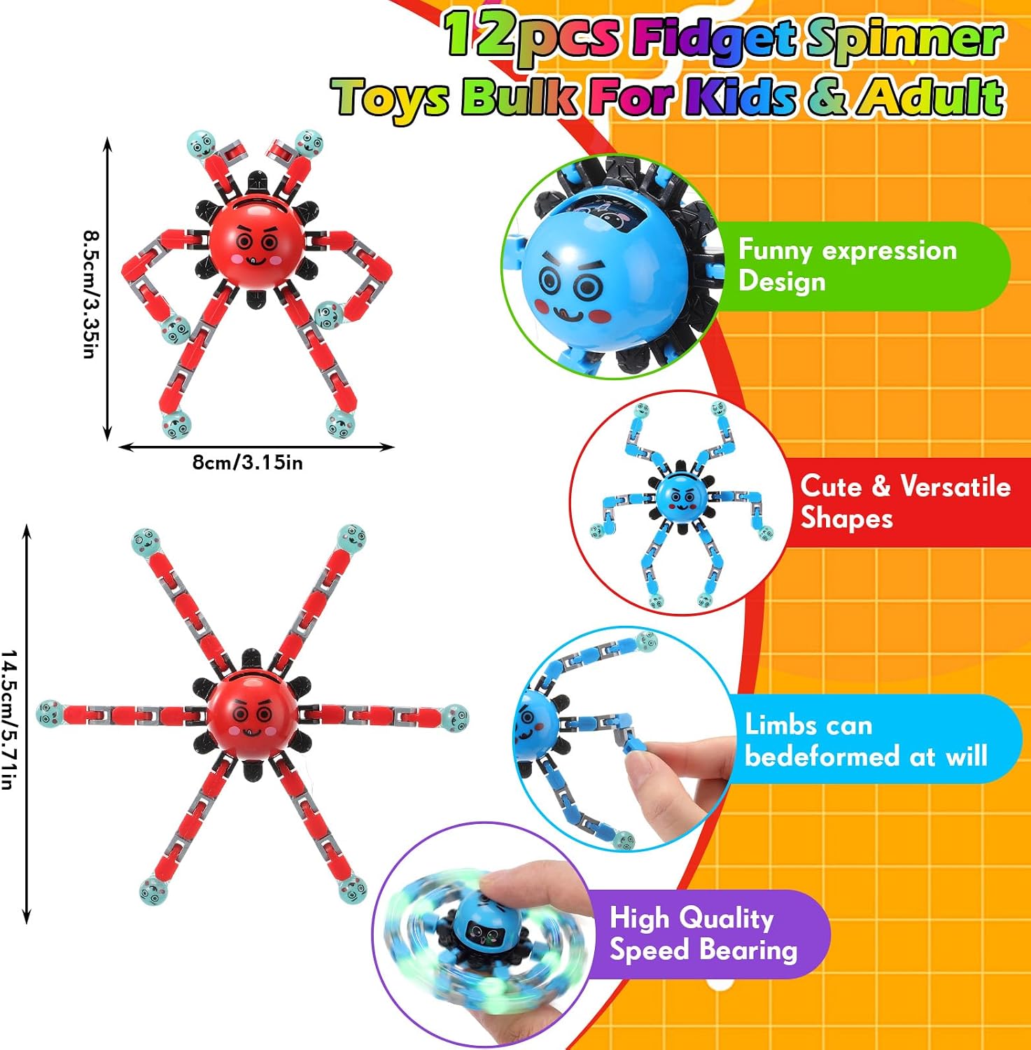Soulchen 12 Pcs Transformable Fidget Spinners for Kids Travel Toys Fidget Toys Teens Adults Spinner Sensory Toy with Autism ADHD Stocking Stuffers Bulk Gifts for Party Favor (Basic)