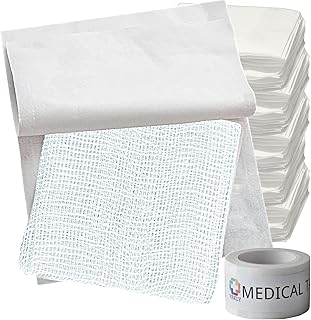 Vakly 4x4 Sterile Gauze Pads 12-Ply Thick 100% Cotton [100 Pack] Highly Absorbent 4 inch Woven Dressing Sponges for First Aid Wound Care - Individually Packed + 1 Roll of Medical Tape - 4''x4''