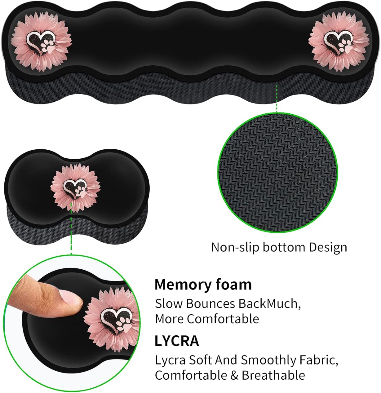JVGFYNKL Memory Foam Keyboard Wrist Rest Support + Large Gaming Mouse Pad + Mouse Wrist Support Set, Extended Desk Pad with Stitched Edges 31.5''×11.8'', Cute Dog paw, Pink Flowers Black Desk Mat