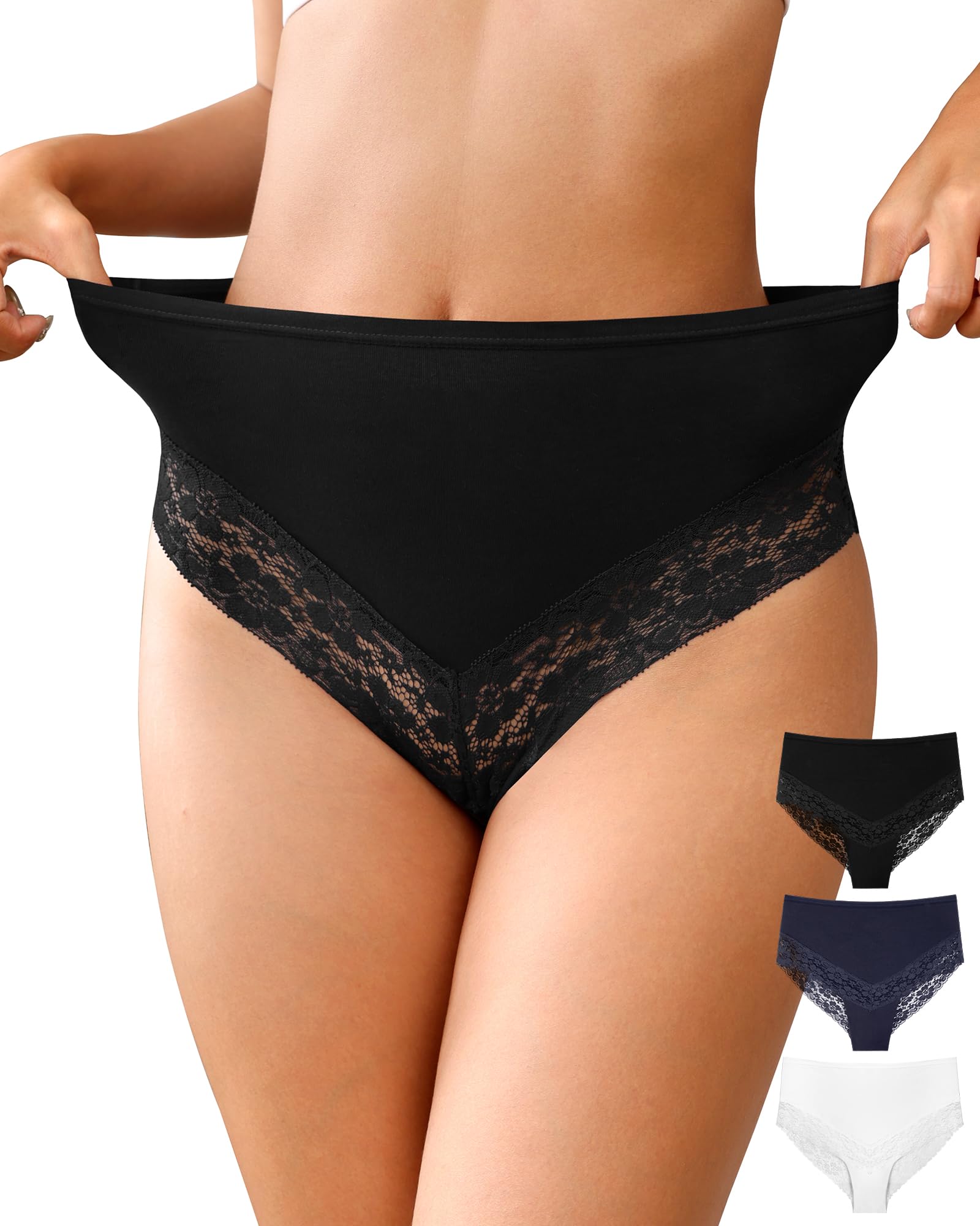 OLIKEME Ropa interior de cintura alta para mujer, de algodón, sexy, con encaje, invisible, suave, elástica, paquete de 3