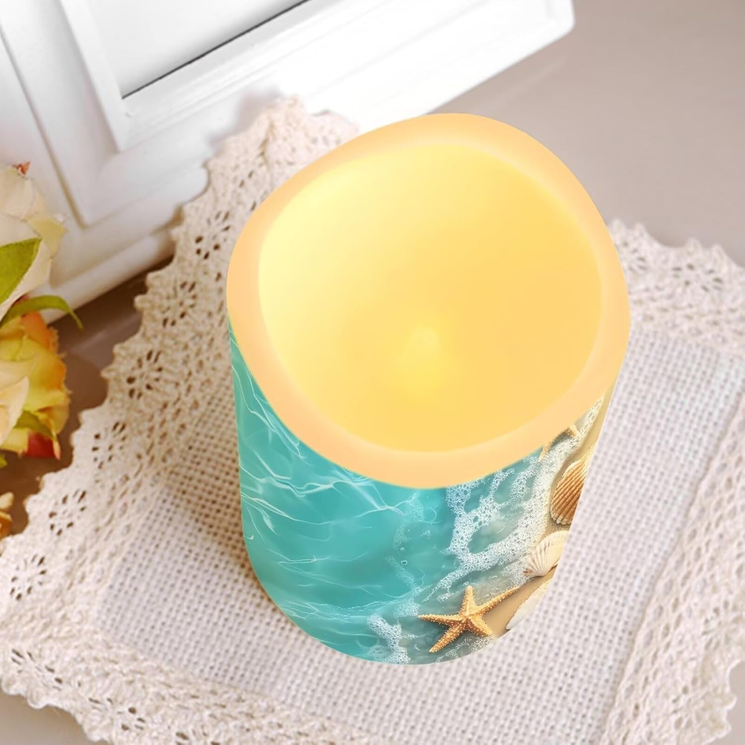 Cozeyat Beach Wave Flameless Candles Set of 4 Battery Powered LED with Remote Timer Flickering for Home Garden Table Beach Decoration