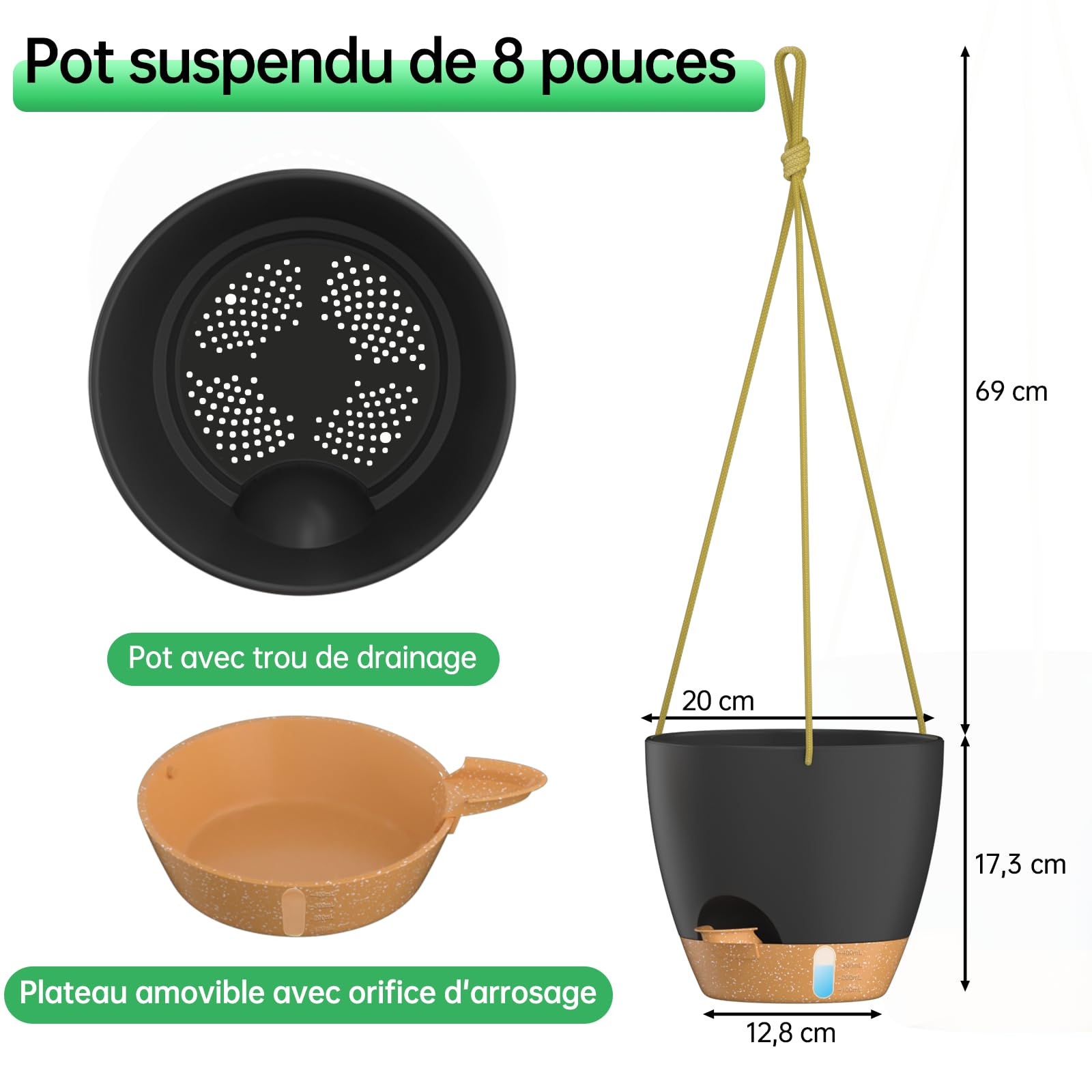 ZMTECH Pot à Plantes Suspendu Auto-arrosant de 20 cm avec Trous de Drainage et Soucoupe Pot à Fleurs en Plastique pour Plantes d'Intérieur et d'Extérieur (Noir, Lot de 2)