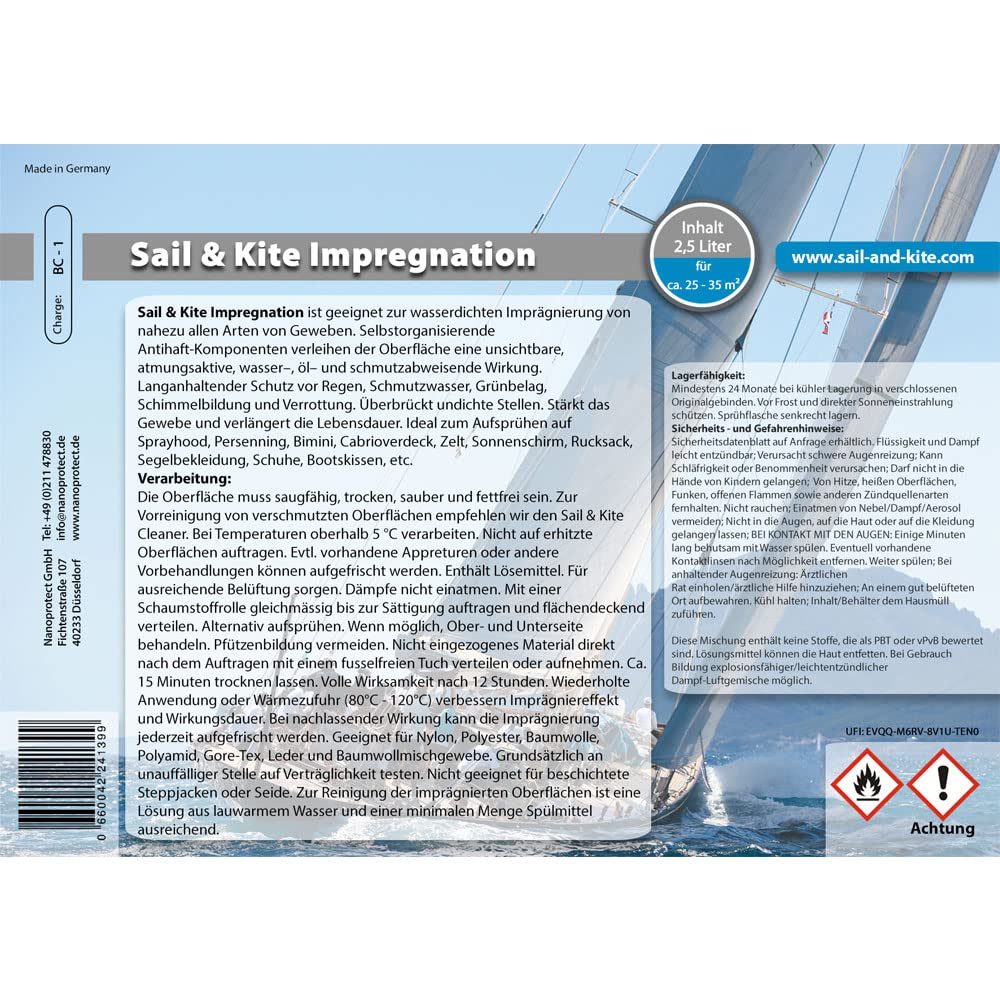 Sail & Kite Impregnation | wasserdichte Imprägnierung für Persenning, Segelkleidung und zur Stärkung von Alten Segeln | Für alle Gewebearten (2,5 Liter (ca. 25-35 m²)