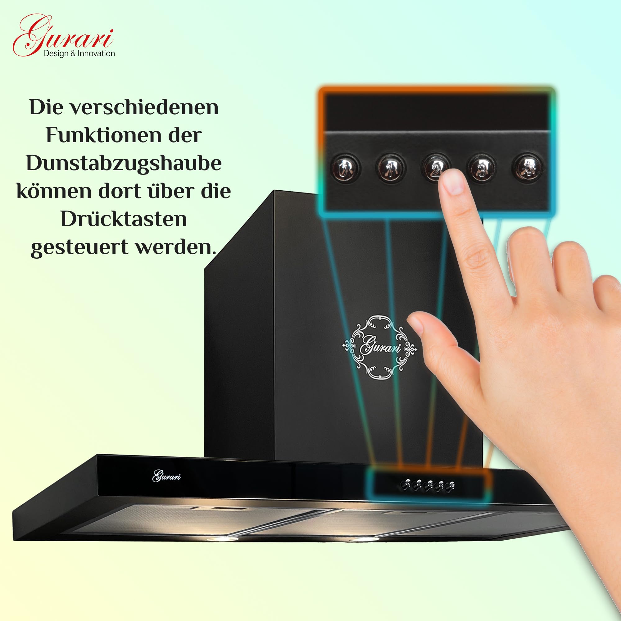 Gurari Okap kuchenny, 90 cm, GCH F 461 BL 9 N, czarny, bardzo chłonny silnik 1000 m³/h, montaż na ścianie, okap wyciągowy lub wywiewowy, okap kominowy