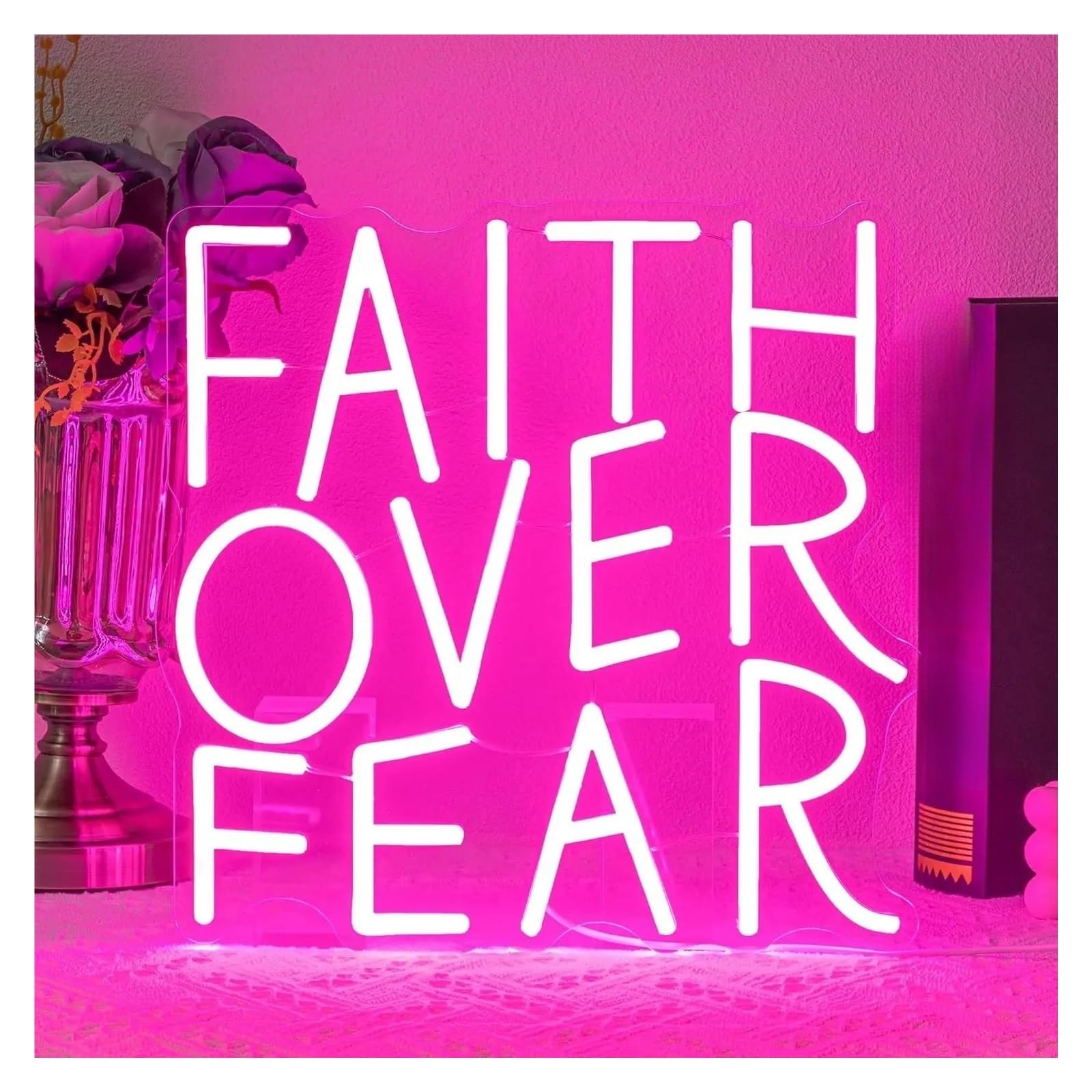 LEMST Sign Lamp Faith Over Fear Neon Sign USB Dimmable Light for Religious Bedroom Wedding Church ​Decoration 32cmx32.7cm