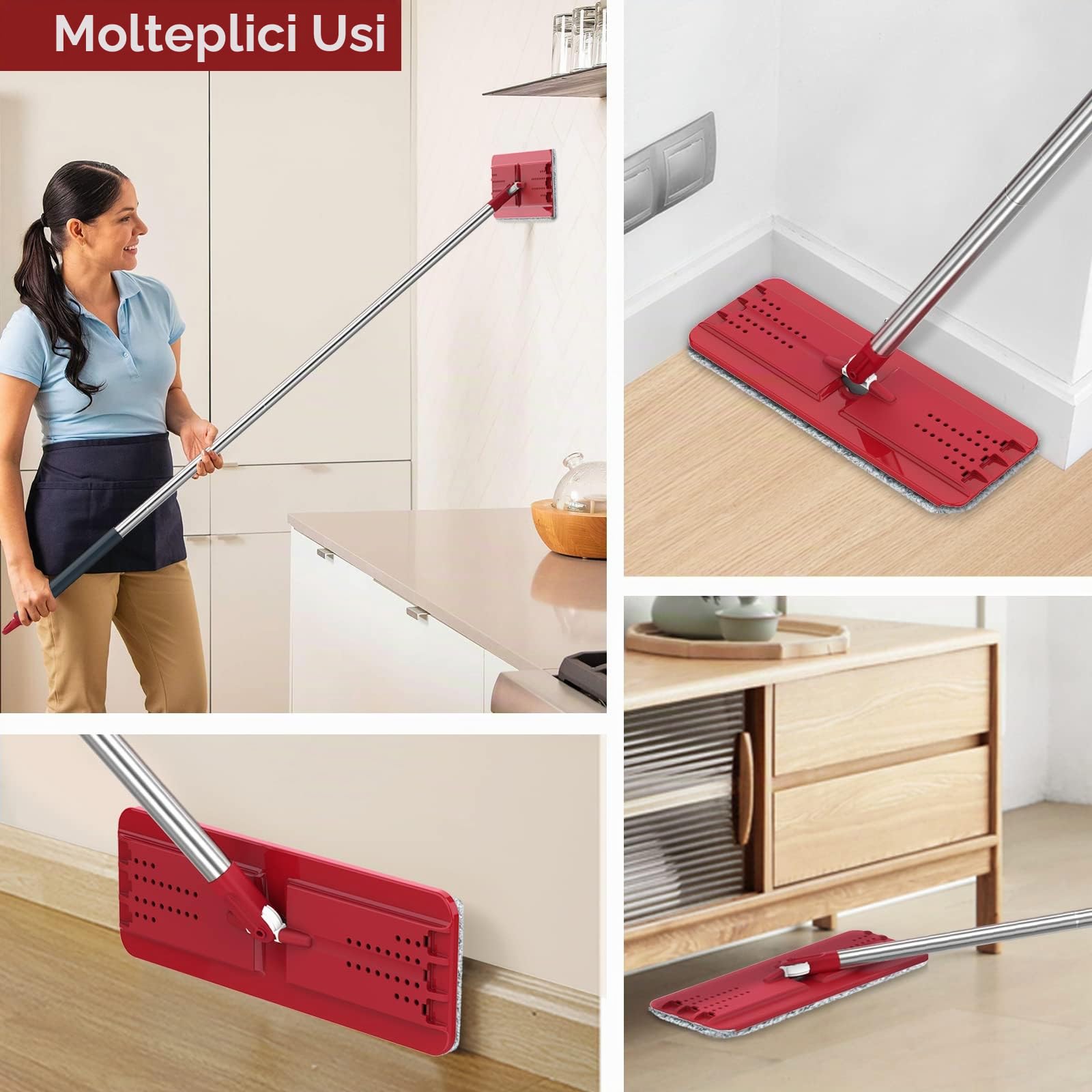 BOSHENG Mocio e secchio con strizzatore, mocio piatto e secchio mani libere, 3 panni in microfibra lavabili inclusi, uso bagnato e asciutto, sistema di pulizia del pavimento domestico, nero e rosso