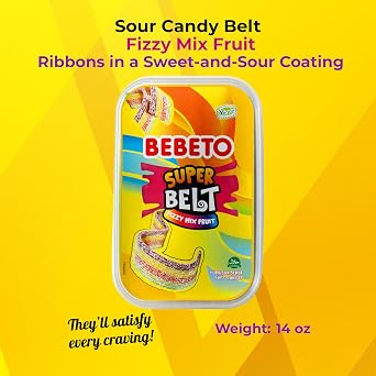 Bebeto Sour Candy Belts Fizzy Mixed Fruit Flavors, Sugar-Coated Ribbon Candy, Vegan Soft Chewy Candy, 14 oz (400g), by Kervan