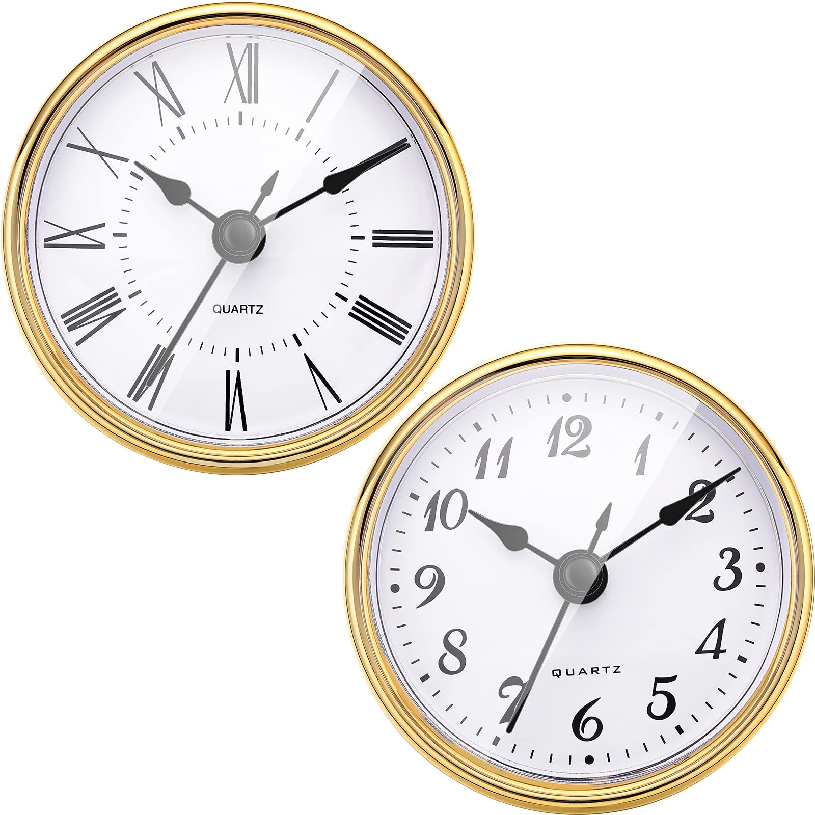 Outus 2 Pieces Craft White Clock 2.8 Inch Quartz Clock Insert with Arabic Numeral and Roman Numeral, Stainless Steel Hanging Clock with Gold Plastic Trim, Quartz Movement for Home Decoration Crafts
