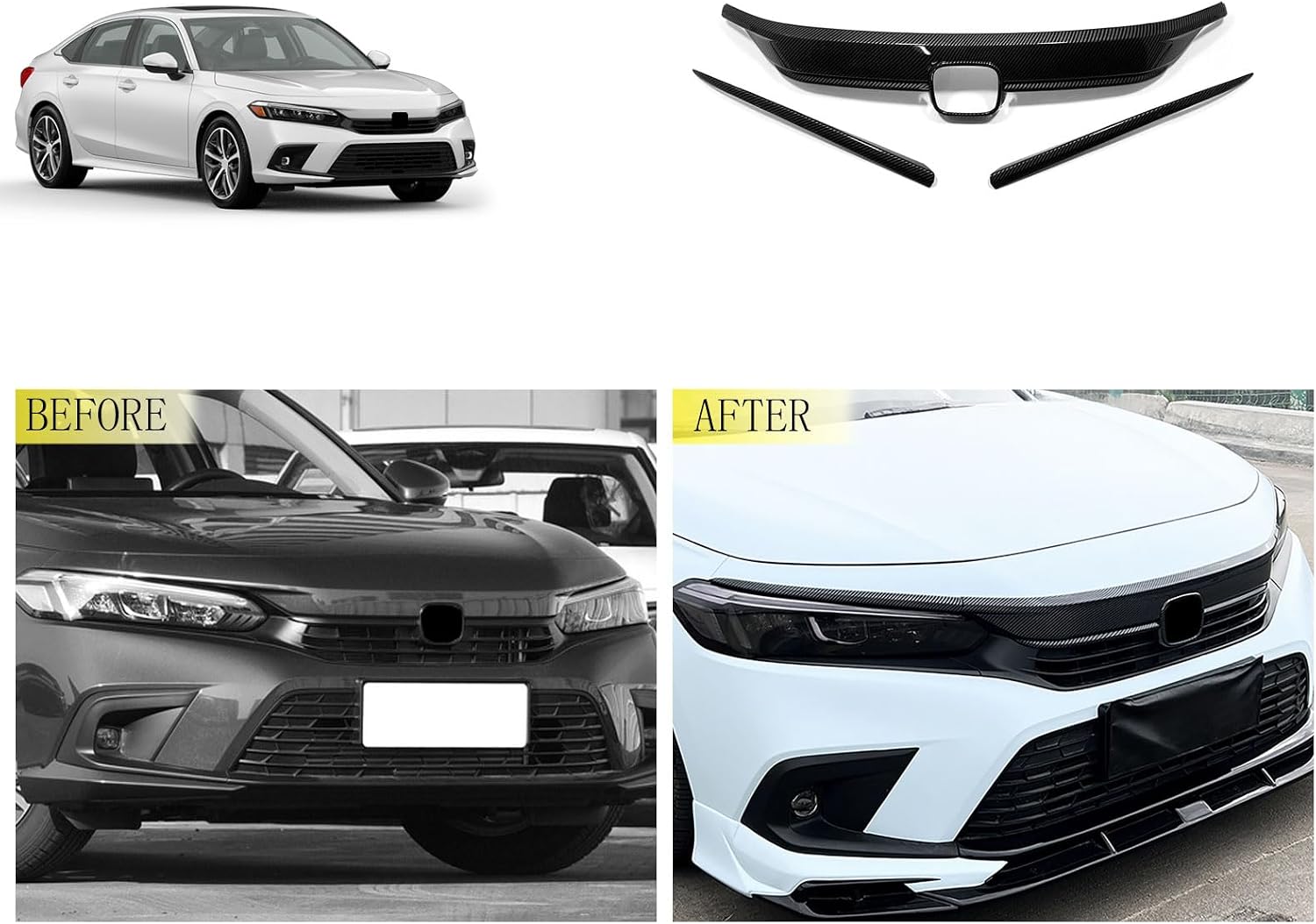 Front Grille Trim Compatible With Honda Civic 11TH GEN 2026 2025 2024 2023 2022 Front Upper Grill Hood Grilled Cover Trims Exterior Car Accessories ABS 3PCS(Carbon Fiber Style)