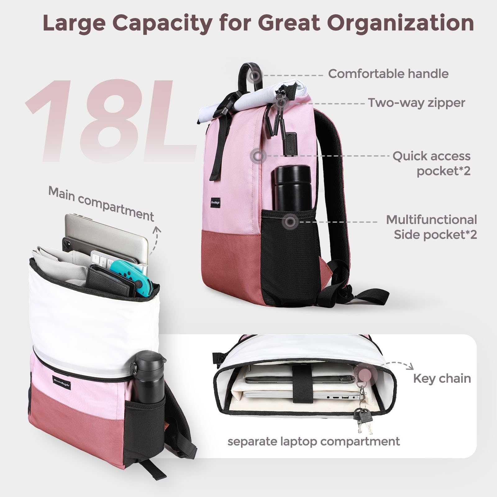 hk Sac à Dos Roll Top Femme pour Ordinateur Portable 15,6 Pouces Léger | Port USB imperméable grande capacité pour travail université voyage randonnée camping