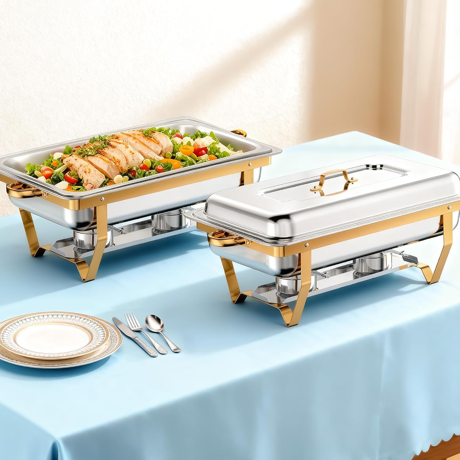 Chafing Dishes for Buffet, 9Qt 4 Pack Chafing Dish Buffet Set, Stainless Steel Buffet Food Warmers Sets for Catering Events Parties Dinners with Complete Set, Silver