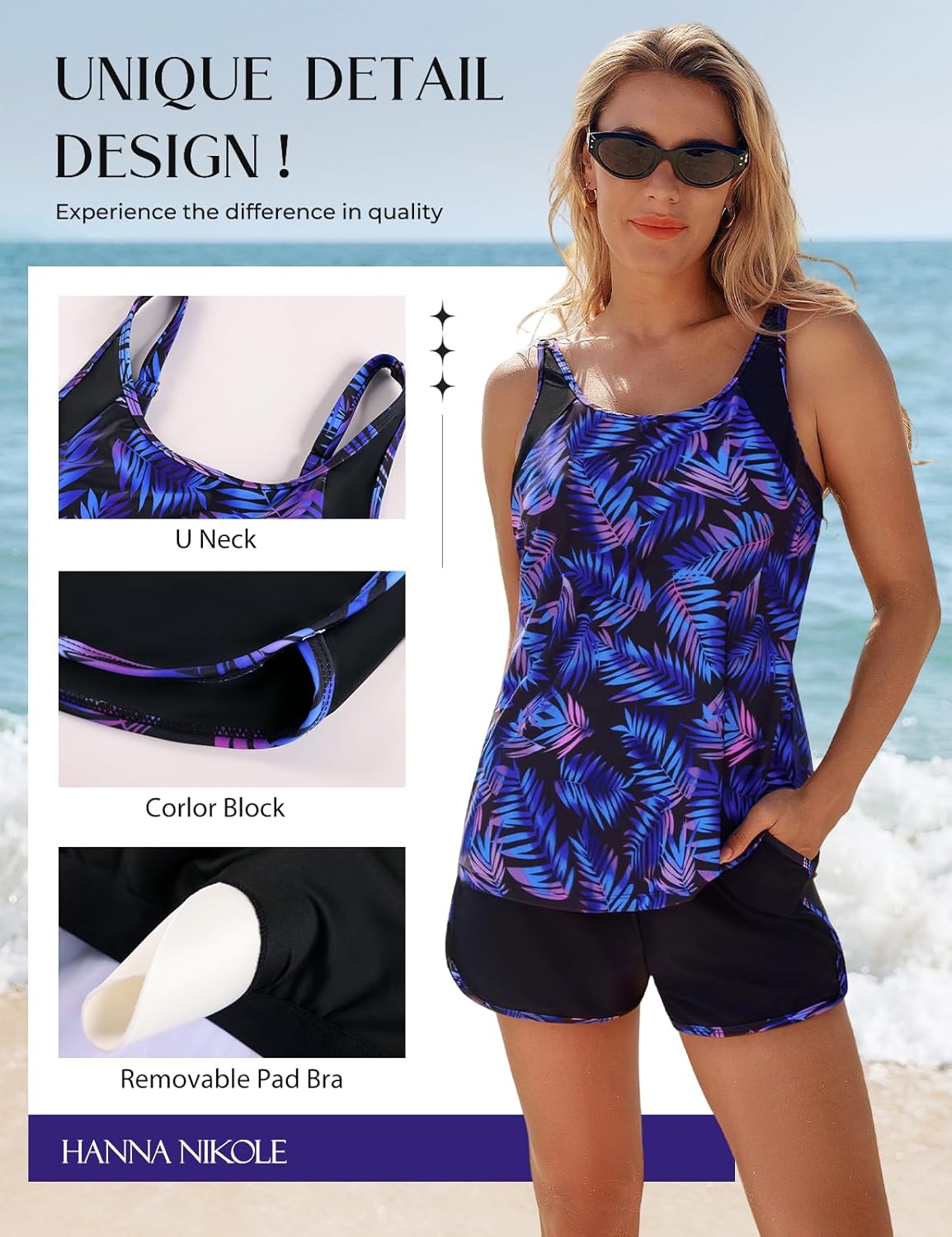 Hanna Nikole Women's Tankini Swimsuits Two Piece Tummy Control Bathing Suit with Athletic Pockets Swim Shorts Swimwear - Image 3