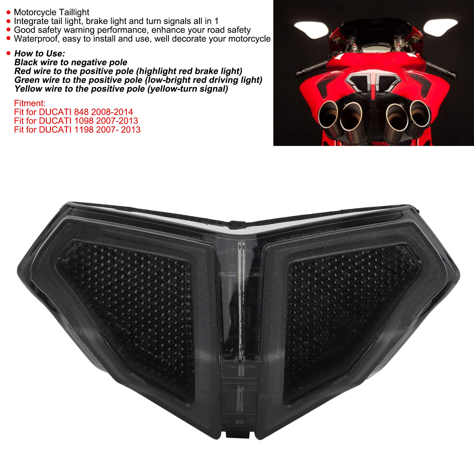 Fanale Posteriore a LED Moto per Moto Fanale Posteriore per Moto Integrato Indicatori di Direzione Fanale Posteriore per Moto Universale a LED per DUCATI 848/1098/1198 2007‑2014