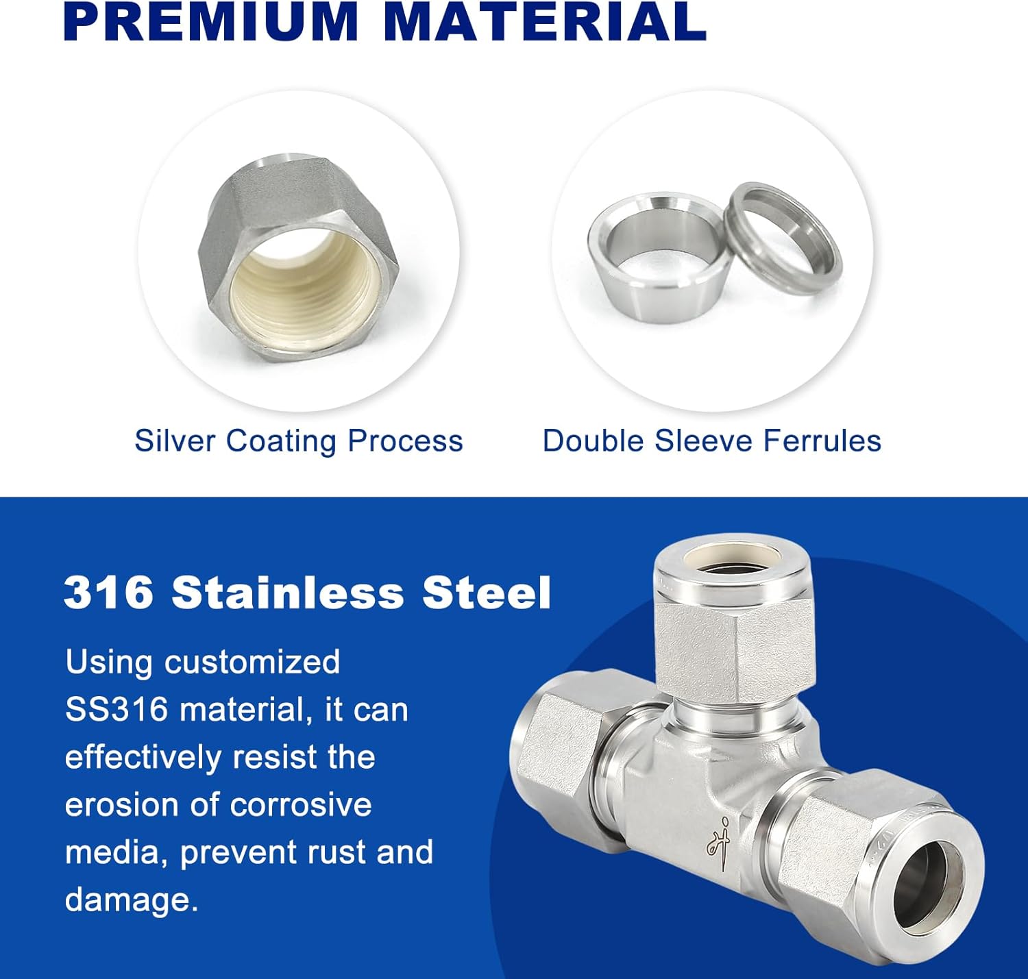 316SS Tee Adapter Compression Tube Fitting - 1/2" OD x 1/2" OD x 1/2" OD, Leak-Proof Connector for Oil, Chemical, and Natural Gas Applications