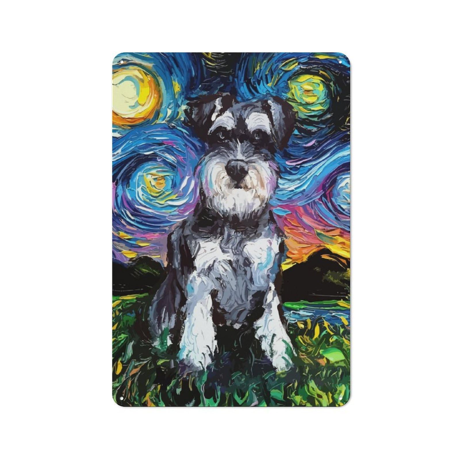 Junmoney Dog Starry Night Schnauzer Old Style Metal Sign 30X20cm, Bar Wall Plaque For Diner, Restaurant, Shed Or Kitchen