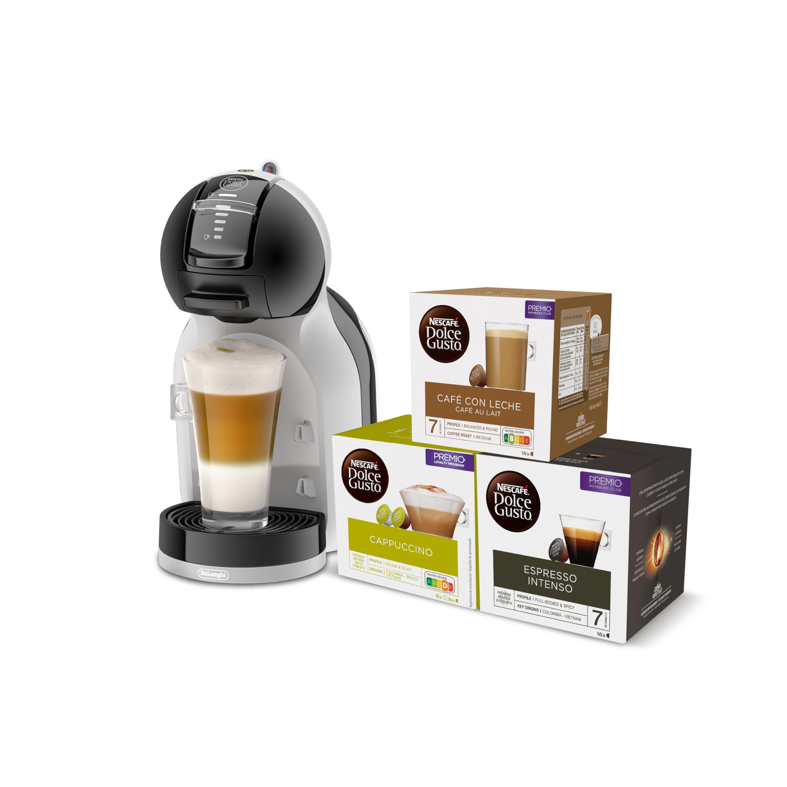 De'Longhi Mini Me Máquina de Café de Cápsulas Dolce Gusto para Café Espresso con 3 packs de café, EDG155.BG, 0,8 L, Color Negro, Gris