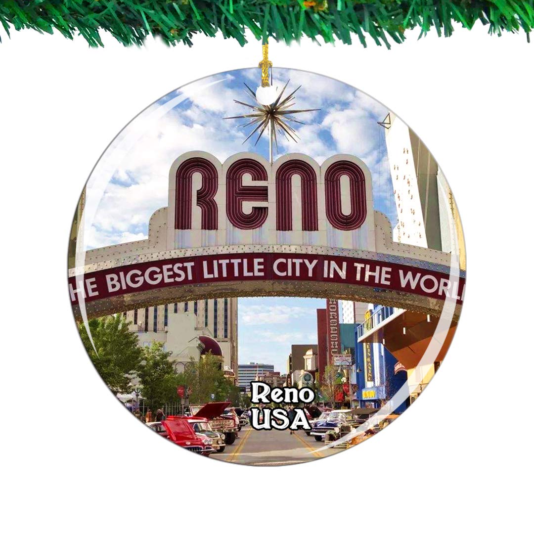 WeekinoUSA America Reno Christmas Ornament City Travel Souvenir Collection Double Sided Porcelain 2.85 Inch Hanging Tree Decoration
