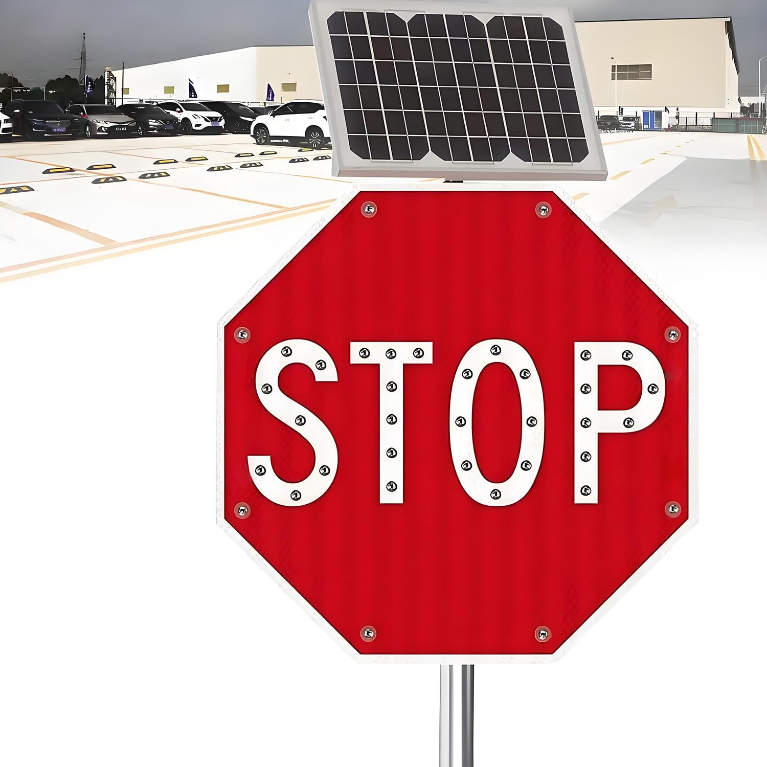 Znak STOP, migający odblaskowy znak ostrzegawczy o ruchu ulicznym zasilany energią słoneczną z czerwoną migającą diodą LED, wytrzymała, ośmiokątna, metalowa rama odporna na rdzę 80 * 80cm