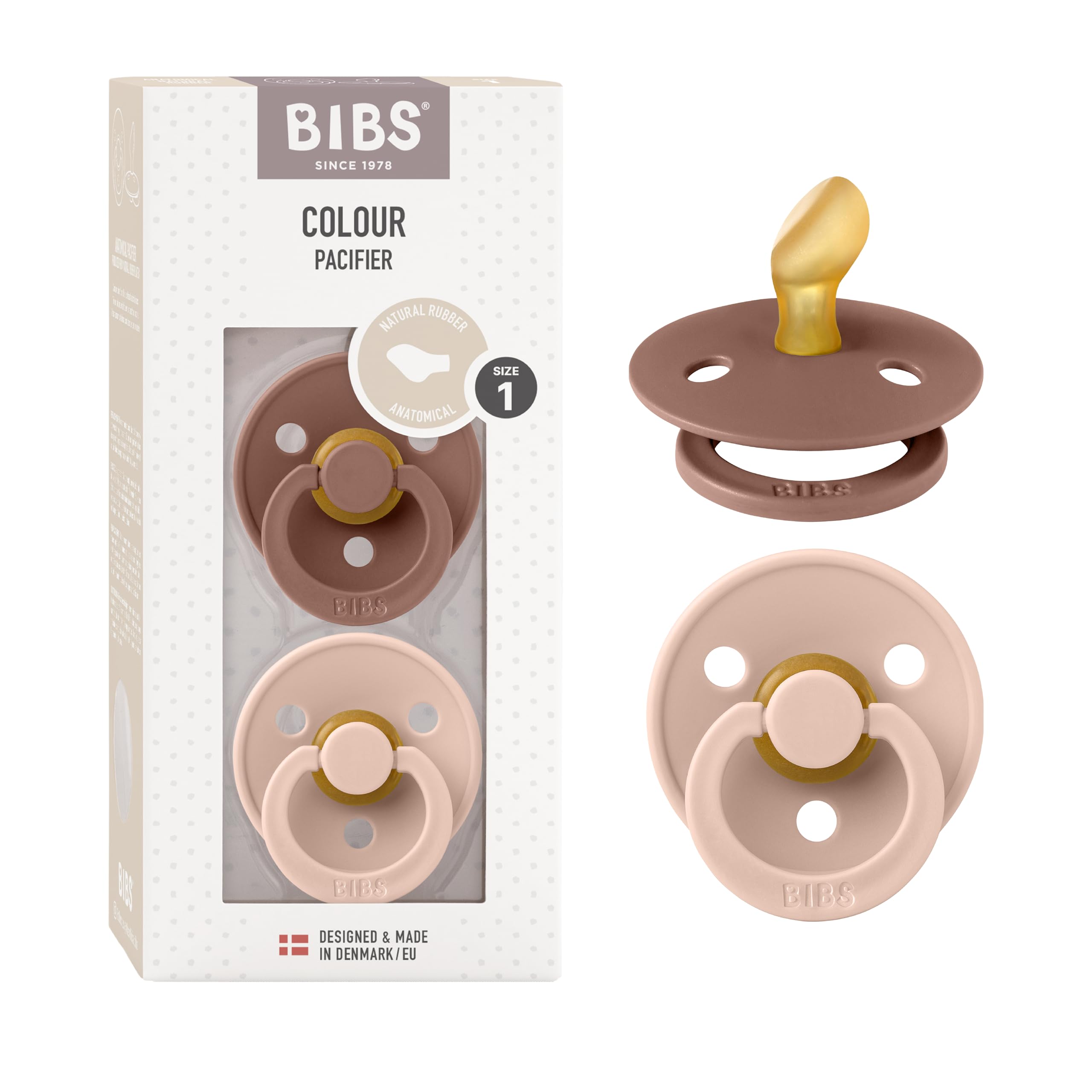 BIBS Pacifiers - Set of 2 | Colour Pacifier with Anatomical Nipple | BPA-Free Natural Rubber | Made in Denmark | Blush/Woodchuck, 0-6 Months