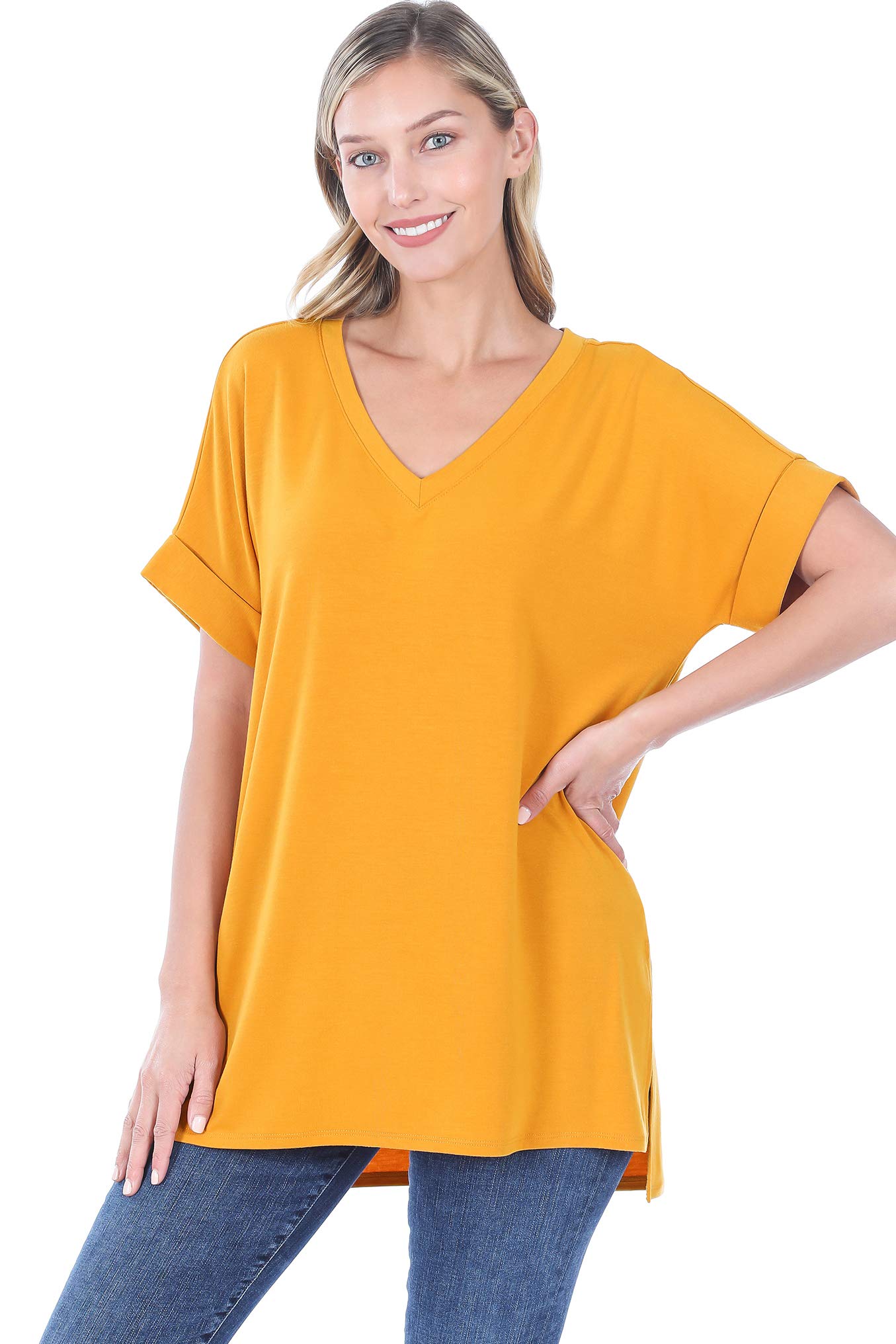 ZenanaRolled Sleeve Side Slit HI-Low Hem TOP (Size Small to 3X) - gold - Medium