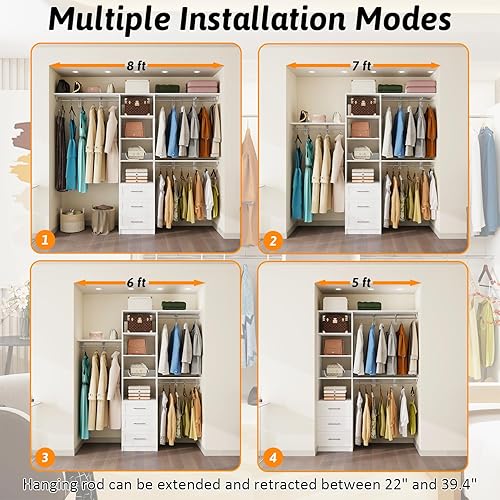Miniatura 5 de Sistema de armario de 96 pulgadas con cajones de madera, sistema organizador de armario de 5 pies a 8 pies con torre de estantes, sistema de armario