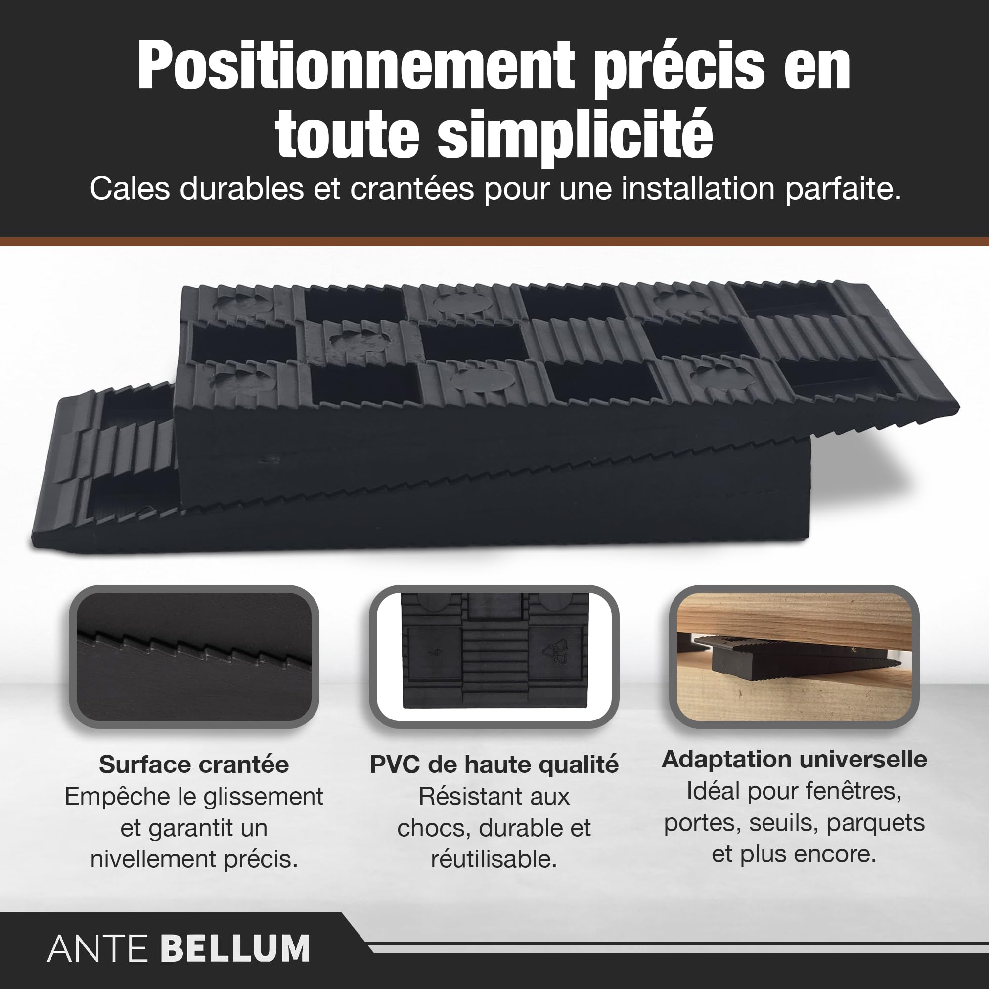 Ante bellum Lot de 100 Cales d'Espacement en Plastique – Cales de Montage pour Sols, Fenêtres et Portes, Alignement et Montage, Adaptées aux Travaux de Bricolage et Montage de Meubles