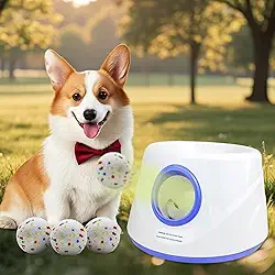 MEKAPLE Lançador automático de bolas para cães, lançador de bolas interativo atualizado para cães pequenos, brinquedos estimulantes mentais ajustáveis à distância com 4 bolas Etpu duráveis de 5 cm