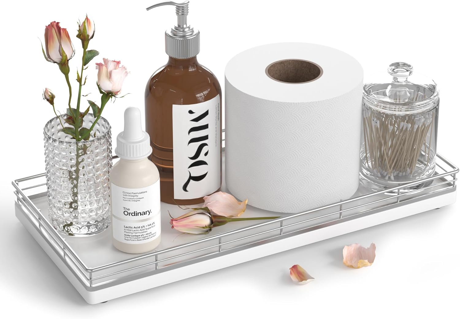 Oak Bathroom Toilet Tank Tray, 13" Wood Back of Toilet Paper Basket Tank Topper Storage, Vanity Tray for Perfume Makeup Candle Toiletry Organizer for Kitchen Coffee Table Silver Tray Decor Large 13" Silver