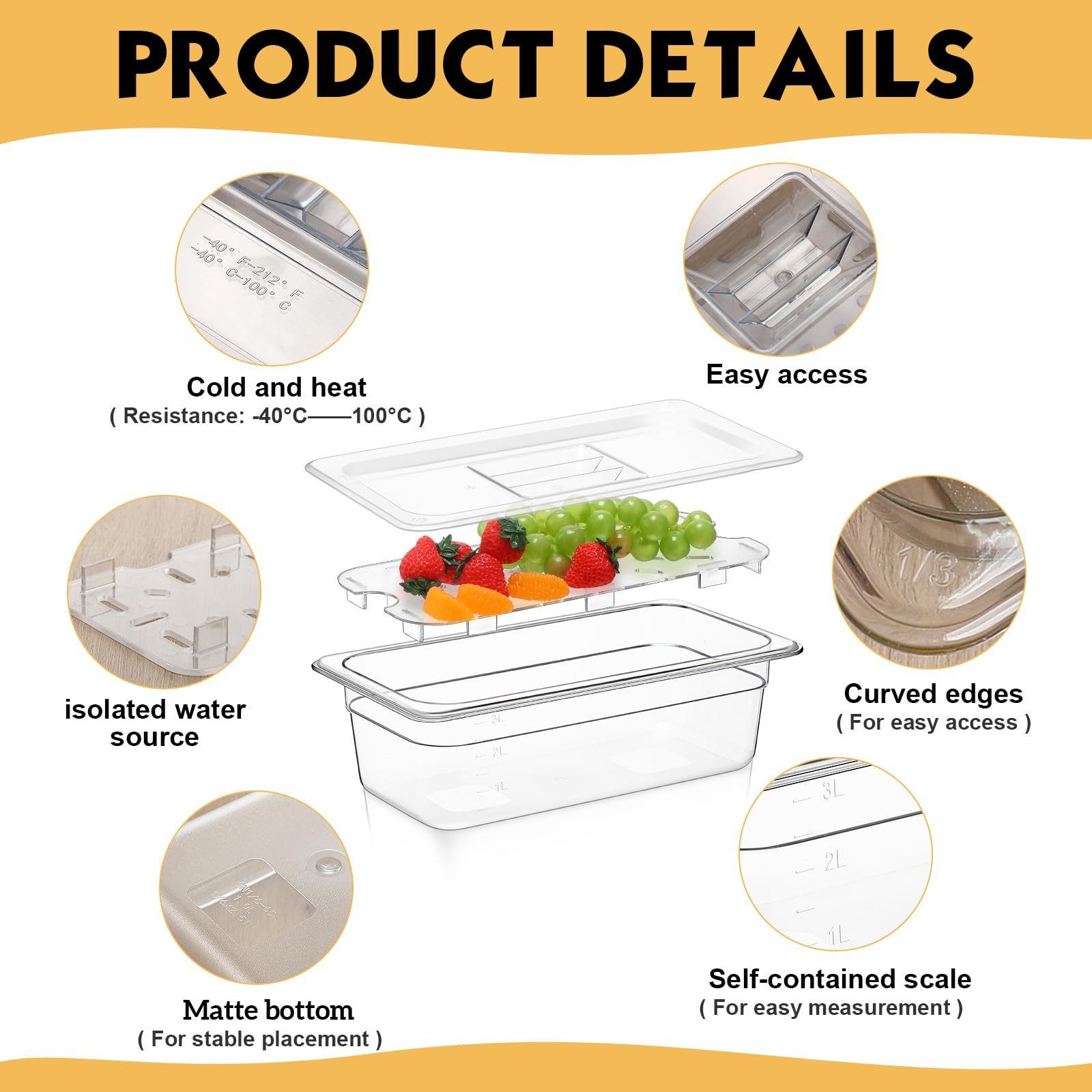 Sunnyray Juego de 6 sartenes de policarbonato de tamaño 1/3 con tapas y estante de drenaje, recipientes cuadrados transparentes para almacenamiento de alimentos para cocina, restaurante, frutas,