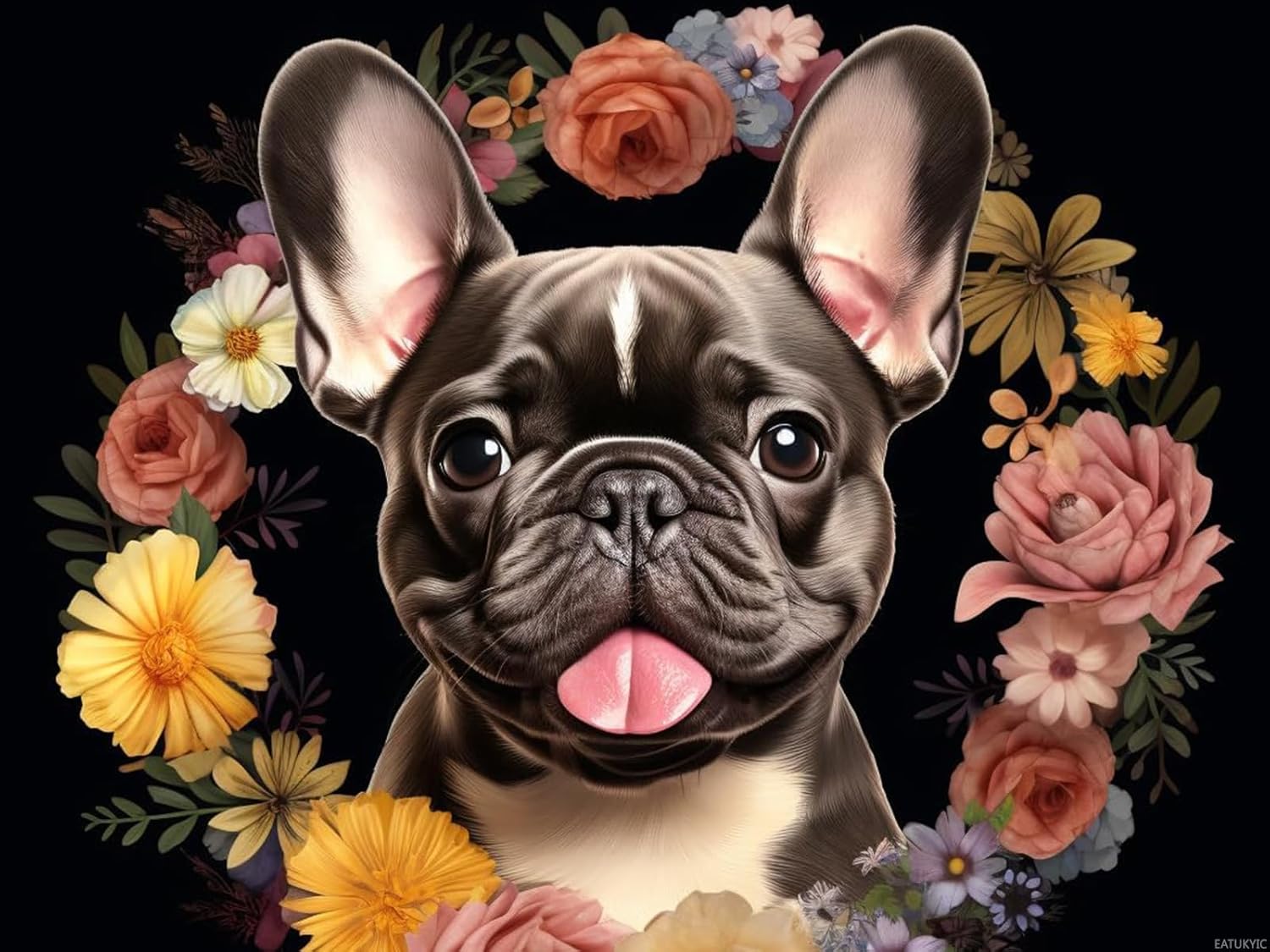 EATUKYIC Cartoon French Bulldog Flower Wreath 5D Diamond Paint for Adults Full Drill Round Diamond Art Painting by Number Kits for Beginners Gems Cross Stitch for Wall Decor 12x16 inch